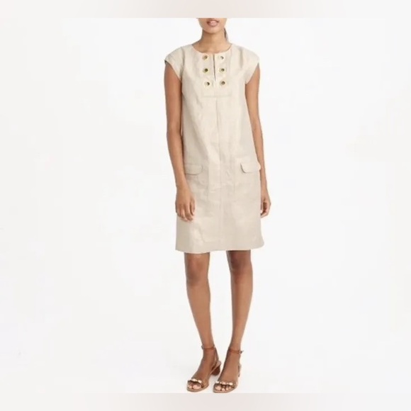 J Crew Linen Dress Metallic Gold Grommet Pockets Short Sleeves - Picture 2 of 5